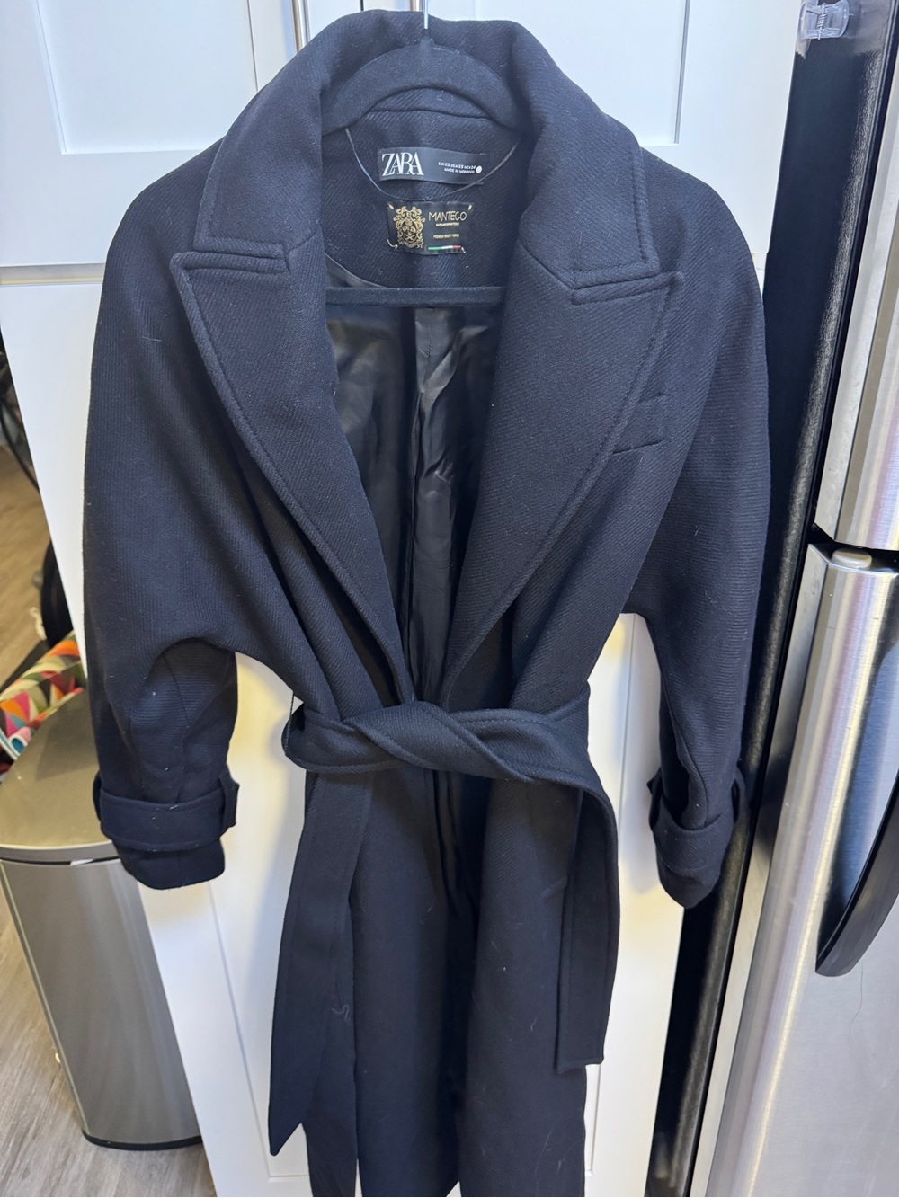 Zara Manteco Black Belted Trench Coat with Notch Lapel